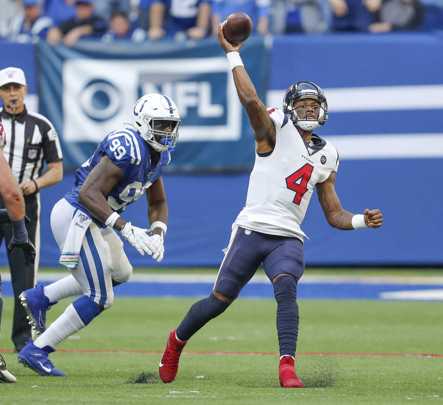 Houston Texans quarterback Deshaun Watson (4) throws late in the game against the Indianapolis Colts on Sunday, Oct. 20, 2019 at Lucas Oil Stadium in Indianapolis, Ind.